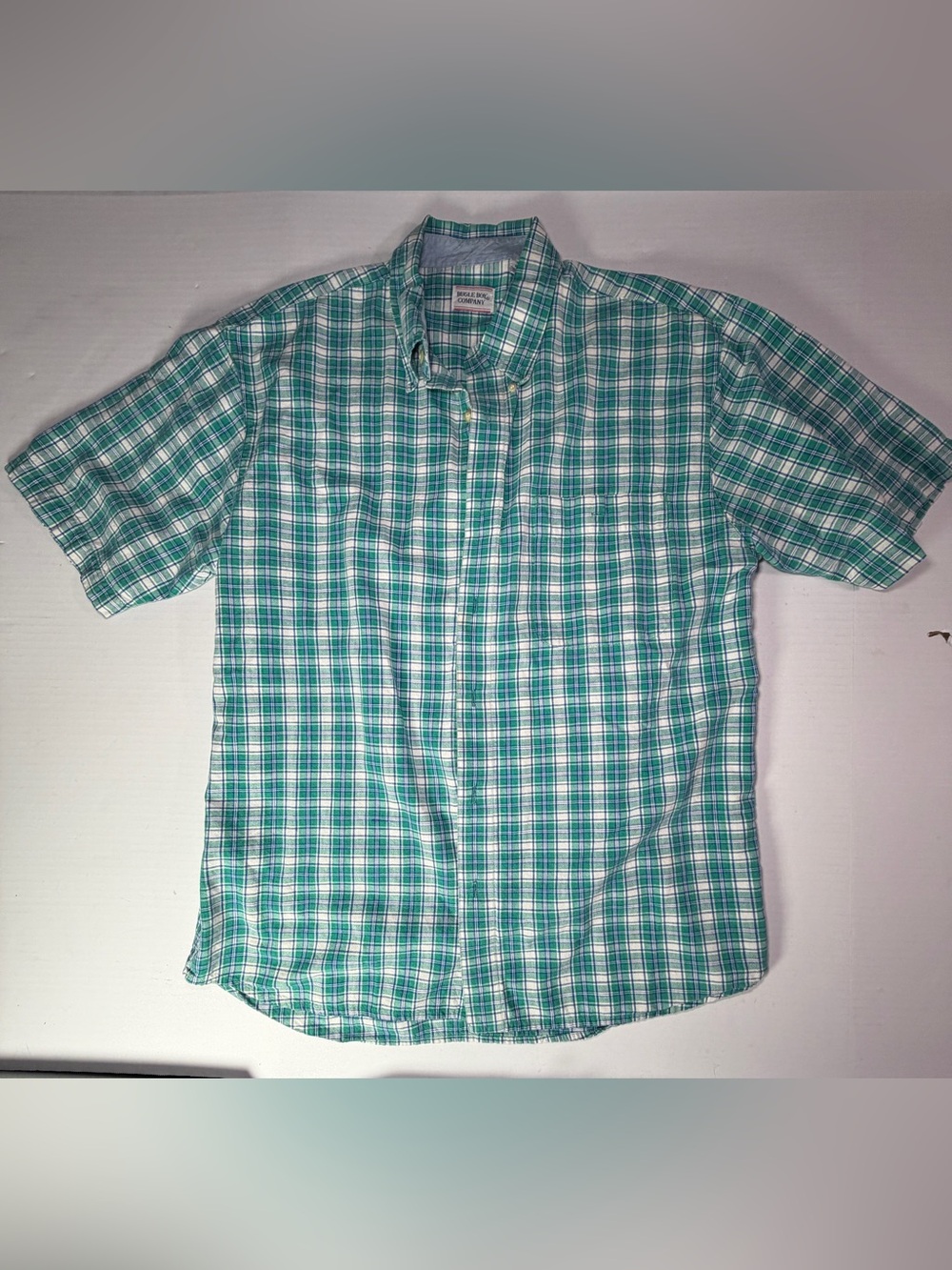 Vintage 80’s 90’s Bugle Boy Green and White Plaid Short-Sleeve Button-Down Shirt